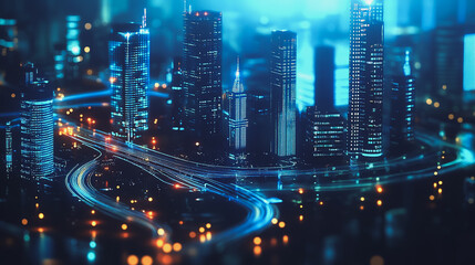 Fototapeta premium Smart digital Innovation city with connection network reciprocity over the cityscape. of future smart wireless digital city and social media networking systems that connects people with in city