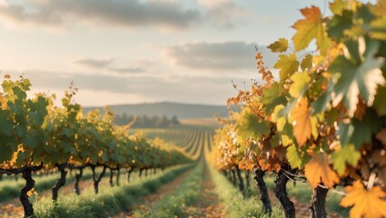 Naklejka premium A picturesque vineyard landscape with golden autumn leaves