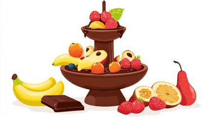 Exquisite Chocolate Fondue Fountain Surrounded by Fresh Fruits Such as Bananas, Strawberries, Pears, and Oranges for a Delicious Dessert Experience