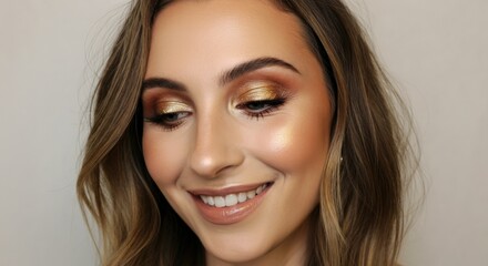 Fototapeta premium Radiant beauty portrait of young caucasian female with golden eye makeup for glamorous fashion and cosmetics