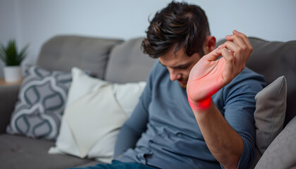 Obraz premium Man suffering from wrist pain while sitting on a couch at home, indicating discomfort and health issues, origami. isolated with white highlights