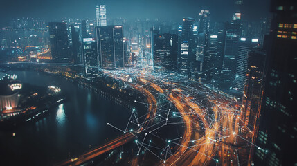 Obraz premium Smart digital Innovation city with connection network reciprocity over the cityscape. of future smart wireless digital city and social media networking systems that connects people with in city