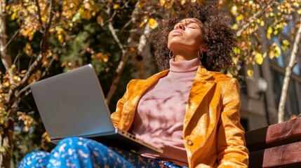 Professional Woman Relaxing Outdoors in Autumn Sunlight