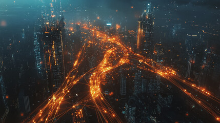 Obraz premium Smart digital Innovation city with connection network reciprocity over the cityscape. of future smart wireless digital city and social media networking systems that connects people with in city