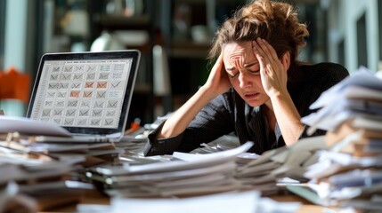Overwhelmed Office Worker at Cluttered Desk