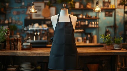 Black apron hanging in a cozy cafe with vintage decor and warm lighting