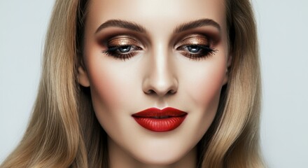 Glamorous portrait of young caucasian female with stunning makeup and red lips