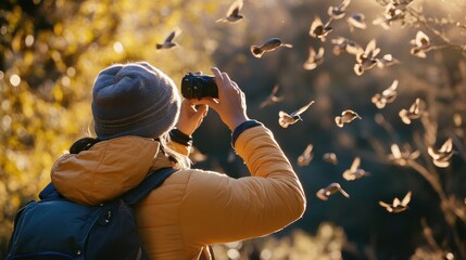 Fototapeta premium Capturing the beauty of nature while photographing birds in a sunlit forest at golden hour