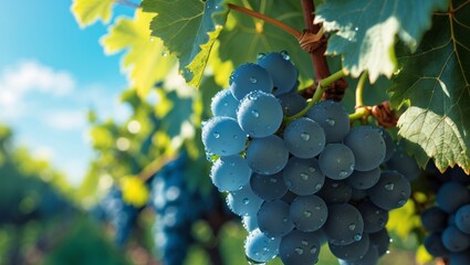 Fototapeta premium Grapes with water drops in vineyard on sunny summer day