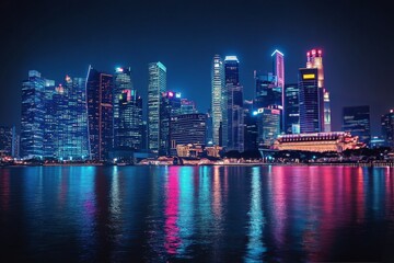 Fototapeta premium Vibrant skyline of Hong Kong reflected in the harbor at twilight with colorful lights illuminating the buildings
