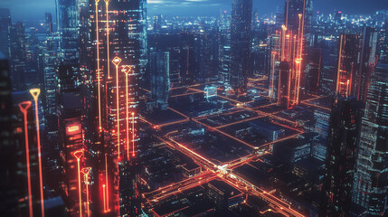 Fototapeta premium Smart digital Innovation city with connection network reciprocity over the cityscape. of future smart wireless digital city and social media networking systems that connects people with in city