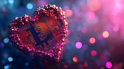 Bitcoin heart symbol glowing with colorful lights in a vibrant digital environment