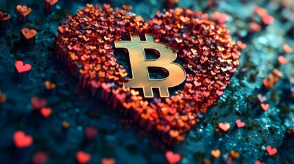 Bitcoin symbol surrounded by heart shapes representing love for cryptocurrency and innovation