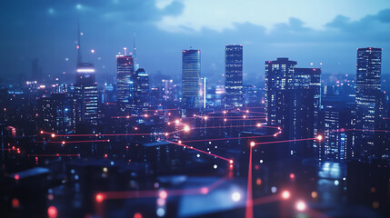 Obraz premium Smart digital Innovation city with connection network reciprocity over the cityscape. of future smart wireless digital city and social media networking systems that connects people with in city