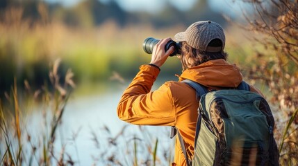 Fototapeta premium Nature enthusiast observing wildlife with binoculars near a serene river at golden hour