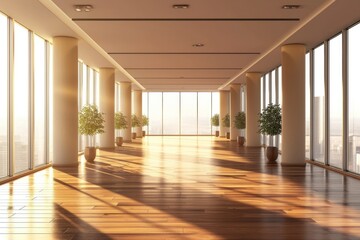 Fototapeta premium Modern Beige and Brown Toned Office Hall with Panoramic Windows and Spacious Perspective