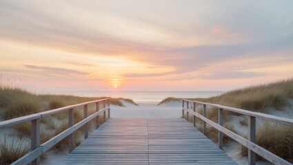 Fototapeta premium Sunset over the beach with wooden walkway surrounded by dunes