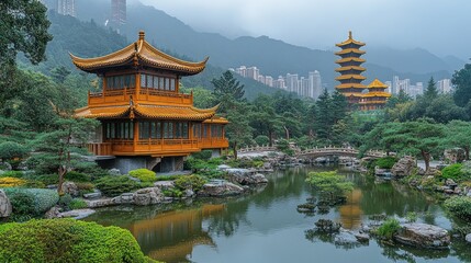 Fototapeta premium Serene Chinese garden with golden pavilions and pagodas reflected in a calm pond, surrounded by lush greenery and mountains in the background.