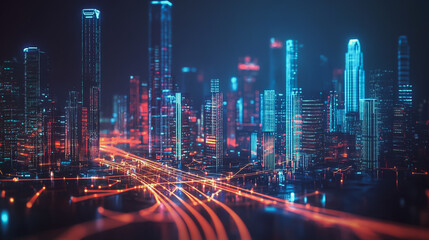 Fototapeta premium Smart digital Innovation city with connection network reciprocity over the cityscape. of future smart wireless digital city and social media networking systems that connects people with in city