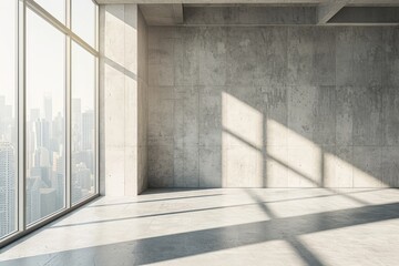 Modern City View: Sunlit Empty Room with Windows and Shadows