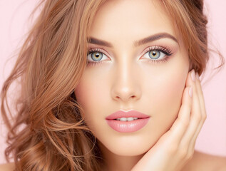 Fototapeta premium Beautiful woman brunette beauty close-up portrait with happy woman model