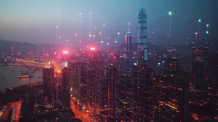 Fototapeta premium Smart digital Innovation city with connection network reciprocity over the cityscape. of future smart wireless digital city and social media networking systems that connects people with in city