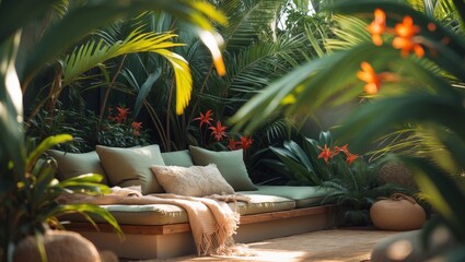 Cozy outdoor seating area surrounded by lush greenery in a tropical garden setting