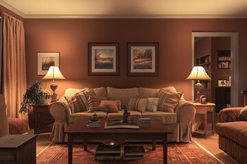 Fototapeta premium Warm and inviting living room with cozy sofa, soft lighting, and
