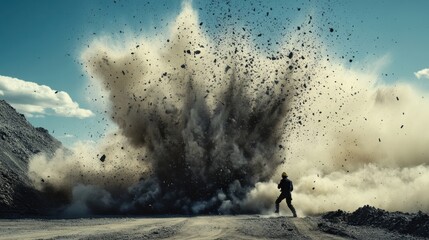Large explosion creates a massive dust cloud in a rocky landscape during daytime