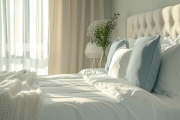 Fototapeta premium Modern Elegance: Stunning Interior Photography of a Luxurious White Bedroom with Comfortable Orthopedic Pillows