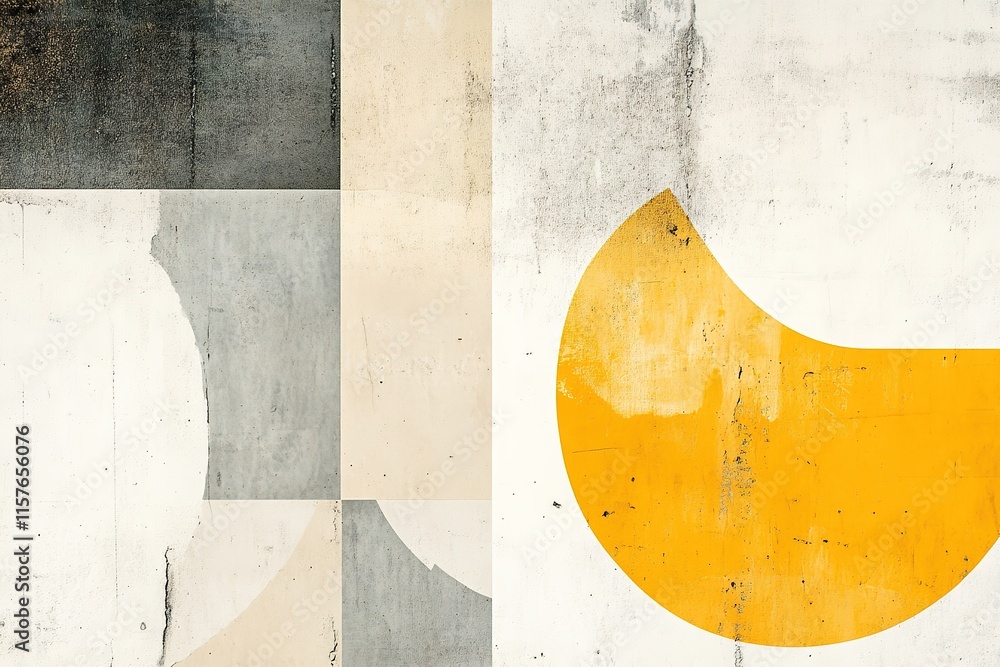 Poster geometric shapes create striking contrast with muted tones and v