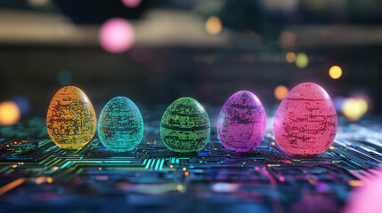 circuit board , easter eggs by technological style ,  technology background with light spots 