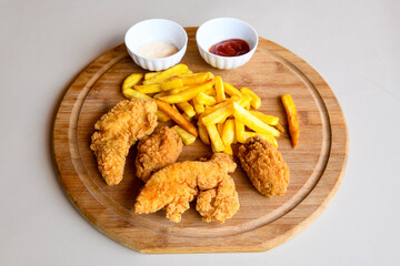 Homemade fried chicken nuggets isolated on white background. Chicken nugget. Citir tavuk. Citir, tavuk atistirma  tabagi.