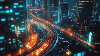 Fototapeta premium Smart digital Innovation city with connection network reciprocity over the cityscape. of future smart wireless digital city and social media networking systems that connects people with in city