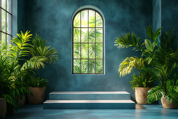 Obraz premium A 3D podium with a sleek white frame surrounded by lush green tropical leaves, perfect for natural product displays or branding presentations, exuding freshness and elegance