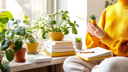 Peaceful Home Office Setting with Plants and Person