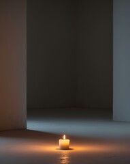 Softly Lit Candle Illuminating Empty Dark Room with Tranquil Atmosphere