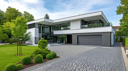 Fototapeta premium Modern Home with Garage and Backyard: A Stylish Landscape and Design