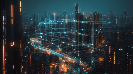 Fototapeta premium Smart digital Innovation city with connection network reciprocity over the cityscape. of future smart wireless digital city and social media networking systems that connects people with in city