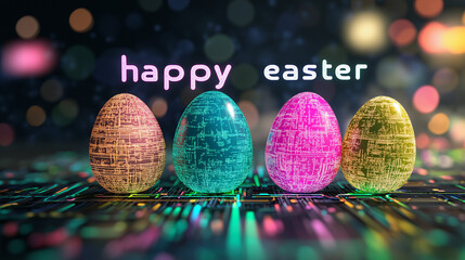 circuit board , Happy easter's text and easter eggs by technological style ,  technology background with light spots 