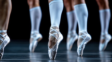 A striking close-up photograph of ballet dancers on pointe, highlighting the satin shoes and graceful posture, set against a dramatic dark background.
