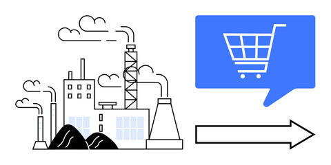 Industrial factory emitting smoke with blue shopping cart icon in speech bubble connected by arrow. Ideal for manufacturing, ecommerce, supply chain, business logistics, industry transformation