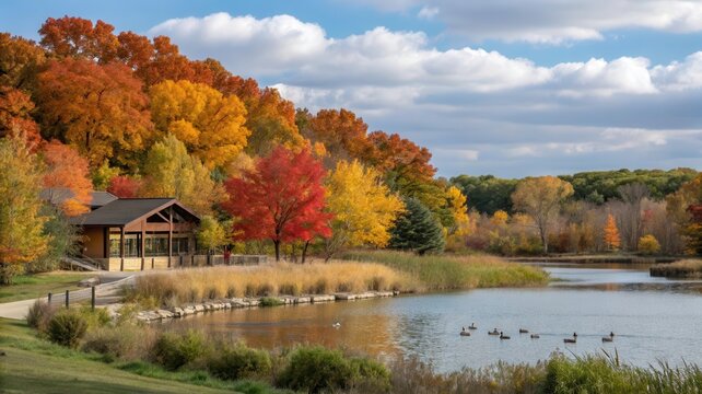 Beautiful Fall Day at Ernie Miller Nature Center With Vibrant Foliage and Peaceful Water. Generative AI