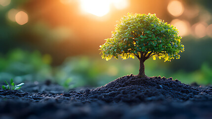 Small tree growing in soil at sunset.