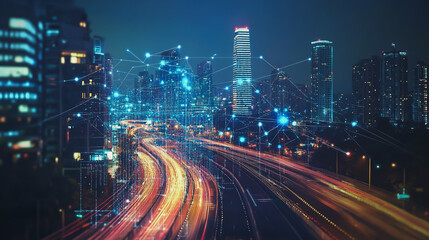 Fototapeta premium Smart digital Innovation city with connection network reciprocity over the cityscape. of future smart wireless digital city and social media networking systems that connects people with in city