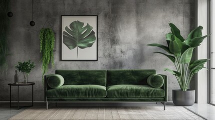 Modern Living: Green Velvet Sofa in Cozy Interior with Stone Poster and Concrete Wall