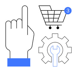 Hand pointing upwards, ecommerce shopping cart with notification badge, gear and wrench icon. Ideal for ecommerce, notifications, shopping, digital interaction, user interface, online retail