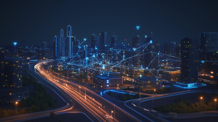 Obraz premium Smart digital Innovation city with connection network reciprocity over the cityscape. of future smart wireless digital city and social media networking systems that connects people with in city