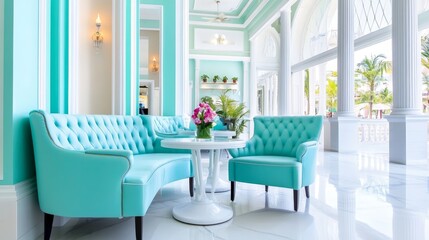 Fototapeta premium Elegant Turquoise Lounge Interior - Luxury hotel lobby, turquoise furniture, floral arrangement, bright windows, tranquil atmosphere. Symbolizes: serenity, elegance, luxury, hospitality, relaxation.