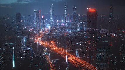 Fototapeta premium Smart digital Innovation city with connection network reciprocity over the cityscape. of future smart wireless digital city and social media networking systems that connects people with in city